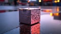 Reflective Reflections: The Metallic Cube on Rain-Soaked Asphalt