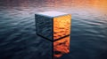 Reflective Serenity: The Enigmatic Metallic Cube on Calm Waters