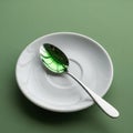 A reflective silver spoon lies on a simple white saucer, creating an interesting visual Royalty Free Stock Photo