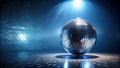 Reflective sphere in a dark room with a tiled wall illuminated by a single spotlight. Generative AI Royalty Free Stock Photo