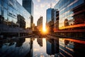 Reflective Splendor: Glass Skyscraper Mirroring Vibrant Cityscape at Golden Hour