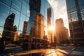 Reflective Splendor: Glass Skyscraper Mirroring Vibrant Cityscape at Golden Hour