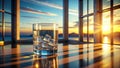 Reflective sunset view through panoramic windows with ice cubes in glass of water on table. Generative AI Royalty Free Stock Photo