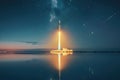 Reflective Waterfront Rocket Launch: Tranquil Reflections of a Powerful Liftoff