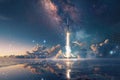 Reflective Waterfront Rocket Launch: Tranquil Reflections of a Powerful Liftoff