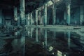 Reflective Waters in Abandoned Factory Hall AI Generated