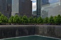 Ground Zero 9/11 Memorial North Pool with skyscraper Freedom Tower & 200 Vesey Street buildings Royalty Free Stock Photo