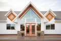 reflective windows on a gabled farmhouse entrance Royalty Free Stock Photo