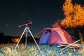 Reflector telescope on a tripod tourist camping tent at night under starry sky Royalty Free Stock Photo