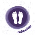 Reflexology. Silhouette of feet in purple circles on ground background. Foot massage logo in violet. Stock . Flat design