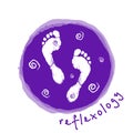 Reflexology. Silhouette of feet in purple circles on ground background. Foot massage logo in violet for your web site design, app