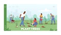 Reforestation Landing Page Template. World Environment Day, Characters Planting Seedlings and Growing Trees into Soil Royalty Free Stock Photo
