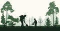 Reforestation, planting trees in forest. Man and child plant bare tree and fir trees, silhouette. Vector illustration Royalty Free Stock Photo