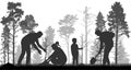 Reforestation, planting trees in forest. People plant bare trees, silhouette. Vector illustration