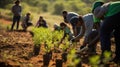 Reforestation project, a group of people planting seedlings on the soil in the morning