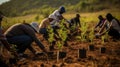 Reforestation project, a group of people planting seedlings on the soil in the morning