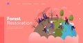 Reforestation and Revegetation Landing Page Template. Characters Pick Up Trash, Planting Trees into Soil in Garden Royalty Free Stock Photo