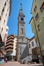 Reformed church bell tower in a sunny summer day, clear blue sky in Sankt Moritz Royalty Free Stock Photo