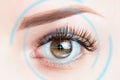 Refractive surgery, eye laser surgery concept. Female eye close up with blue laser rays Royalty Free Stock Photo