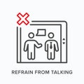 Refrain from talking in elevator flat line icon. Vector outline illustration of man speaking. Coronavirus prevention
