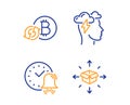 Refresh bitcoin, Alarm bell and Mindfulness stress icons set. Parcel delivery sign. Vector