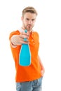 Refresh right now. Man hold mist sprayer like weapon aiming you. On his target. Refreshing shot. Man handsome guy Royalty Free Stock Photo