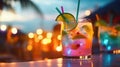 Refreshing alcoholic cocktails with ice, mint and fruit on the bar, close-up view. Party on the beach. Summer Time Royalty Free Stock Photo