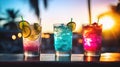 Refreshing alcoholic cocktails with ice, mint and fruit on the bar, close-up view. Party on the beach. Summer Time Royalty Free Stock Photo