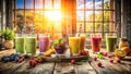 A refreshing array of vibrant fruit smoothies, displayed on a rustic wooden table beside a sunlit window, offering a healthy and