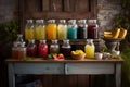 A refreshing, BBQ beverage display, showcasing a selection of ice-cold drinks, such as lemonade, iced tea, craft beers, set