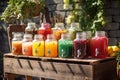 A refreshing, BBQ beverage display, showcasing a selection of ice-cold drinks, such as lemonade, iced tea, craft beers, set