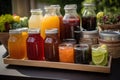 A refreshing, BBQ beverage display, showcasing a selection of ice-cold drinks, such as lemonade, iced tea, craft beers, set