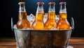 Refreshing beer bottle on wooden table at pub generated by AI Royalty Free Stock Photo