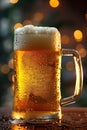 Refreshing beer mug with frothy head against warm lights. Royalty Free Stock Photo