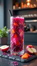 Refreshing beetroot and apple juice with carrot garnish in decorative glass