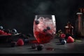 Refreshing berry cocktail with ice cubes and berries on black background, Generative AI