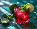 Refreshing Berry Cocktail with Lime and Mint on a Vibrant Background