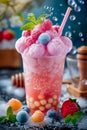 Refreshing Berry Smoothie with Fresh Mint, Sparkling Water Bubbles in Tall Glass on Blue Background
