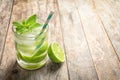 Refreshing beverage with mint and lime in glass Royalty Free Stock Photo