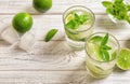 Tasty beverage with mint and lime in glasses on wooden background Royalty Free Stock Photo