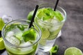 Refreshing beverage with mint and lime on table Royalty Free Stock Photo