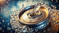 Refreshing beverage pouring into a metallic can, surrounded by effervescent bubbles and droplets. Generative AI Royalty Free Stock Photo