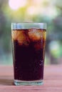 Refreshing black soda soft drinks or cola with ice in a clear tall glass with nature background. Royalty Free Stock Photo