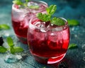 Refreshing Blackberry cocktail with ice and mint on rustic background