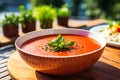 A refreshing bowl of chilled gazpacho soup on a sunny patio, mediterranean food life style