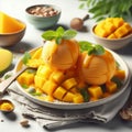 A refreshing bowl of colorful mango ice cream with mint leaves and mango pieces, perfect for quenching your thirst.
