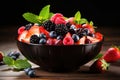 Refreshing bowl of fruit salad filled with juicy strawberries and vibrant blueberries