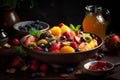 Refreshing bowl of fruit salad with seasonal fruits, strawberries, blueberries, watermelon, pineapple. AI generated