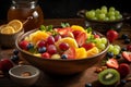 Refreshing bowl of fruit salad with seasonal fruits, strawberries, blueberries, watermelon, pineapple. AI generated