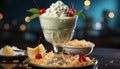 A refreshing bowl of ice cream with whipped cream decoration generated by AI